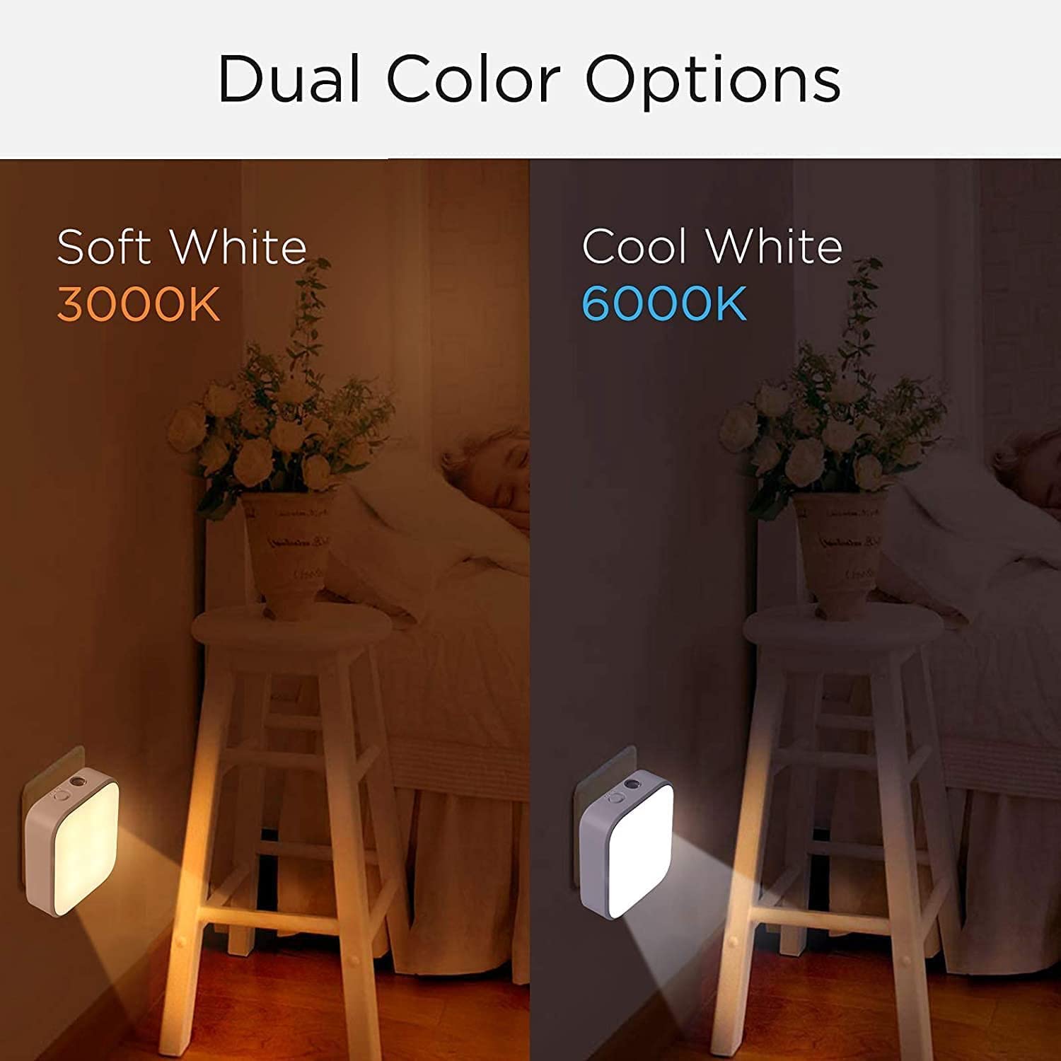 ELEPHANTBOAT 4 Pcs of Switchable Night Lamp for Bedroom Plug and Play, Lighting Sensor Night Light Cabinet Light for Children/Kids Bedroom Hallway Stair Kitchen(Warm Light+ White Light) ELEPHANTBOAT 4 Pcs of Switchable Night Lamp for Bedroom Plug and Play, Lighting Sensor Night Light Cabinet Light for Children/Kids Bedroom Hallway Stair Kitchen(Warm Light+ White Light)